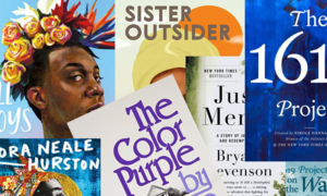 Book covers of books that have been banned including The 1619 Project, The Color Purple, All Boys Aren't Blue