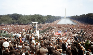 Hundreds of thousands of people gather at the Lincoln Memorial during the 1963 March on Washington for Jobs and Freedom. 