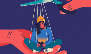 Illustration of scissors about to cut the strings attached to a person viewing their phone.