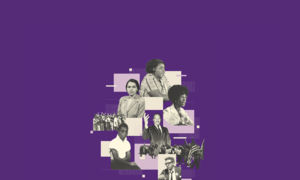 Photo collage of various important Civil Rights activists against a purple background.