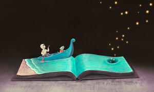 Imaginative concept art, boy in boat with dog on the page of a book representing ocean