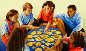 Illustration of a group of children putting together a pieces to form an image.