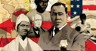 Abolitionists William Still, Sojourner Truth, William Loyd Garrison, unidentified male and female slaves, and Black Union soldiers in front of American flag