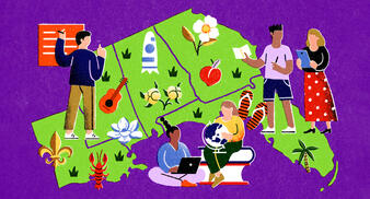 A map of Alabama, Florida, Georgia, Louisiana and Mississippi with overlaid images of key state symbols and of people in community