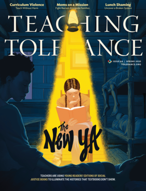 Cover of Teaching Tolerance magazine, issue 64, Spring 2020. Features an illustration of a young person reading while being illuminated by a yellow light, all the while surrounded by a scene from the book they're reading.