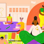 Illustration of people learning together and engaging with each other.