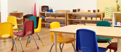 classroom with colorful chairs