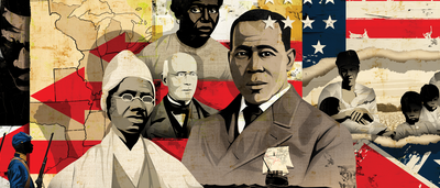 Abolitionists William Still, Sojourner Truth, William Loyd Garrison, unidentified male and female slaves, and Black Union soldiers in front of American flag