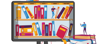 Illustration of books on a computer screen.