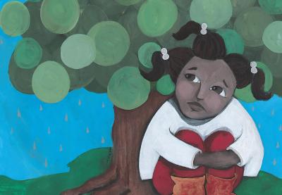 Teaching Tolerance illustration with a young girl sitting under a tree holding her knees