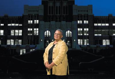 Minnie Jean Brown in front of the Central High in Little Rock, Ark.