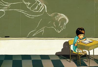 Student crouched in his chair scared of adult figure on the chalkboard