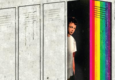 Illustration of an LGBT student hiding in a locker