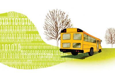 Illustration of a bus on a road of binary code