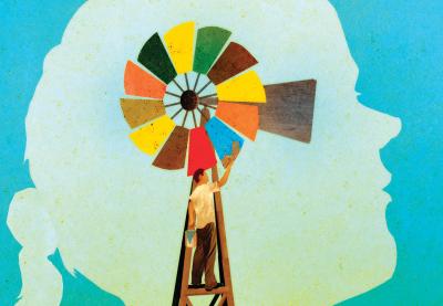 Illustration of a colorful windmill in a child's head