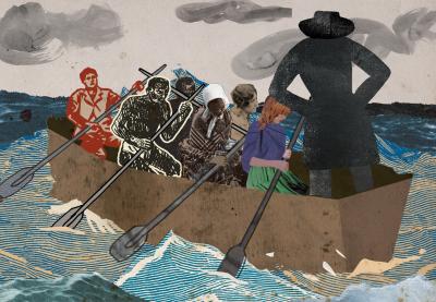 Illustration of humans being trafficked by boat