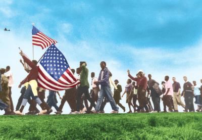 Illustration of a civil rights march across grass