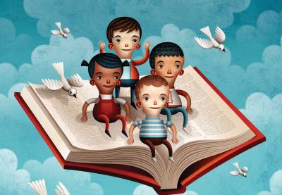 children riding a flying book