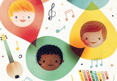 Teaching Tolerance illustration of multicultural children faces inside colorful drops surrounded by instruments and music