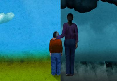 Teaching Tolerance illustration a child standing under nice weather beside an adult standing under dark weather