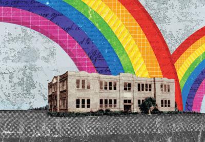 Teaching Tolerance illustration rainbows over school building