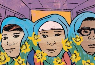 Illustration of three students wearing traditional Muslim headwear