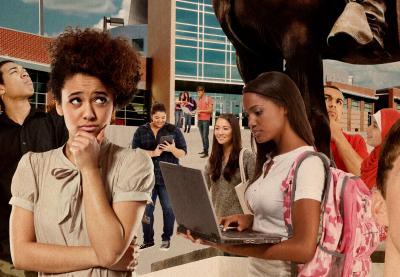 Illustration of students around a Confederate monument