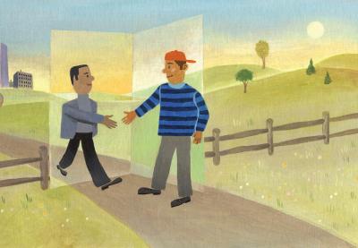 Illustration of boy being welcomed as he walks through a fence