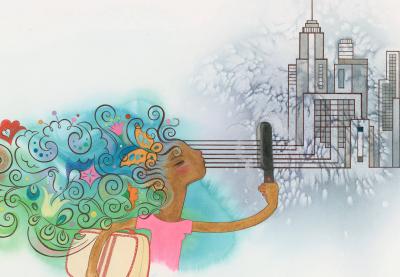 Teaching Tolerance illustration of young gilr with colorful hair moving to the cold big city