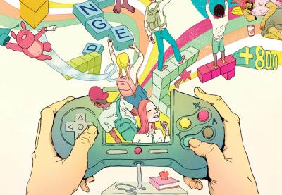 Illustration of a video game controller and social justice imagery.