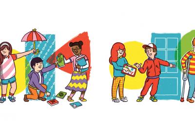 Colorful illustration of kids doing various good deeds
