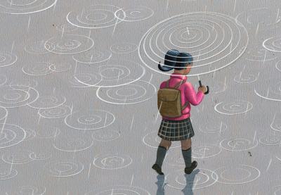 Illustration of girl wading through rain puddles