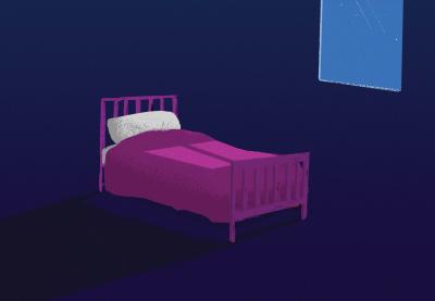 pink bed in dark room illustration by Matt Saunders