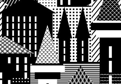 black and white illustration, houses and rooftops