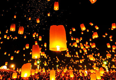 Lanterns lit at night in celebration of Diwali, the Hindu Festival of Lights.