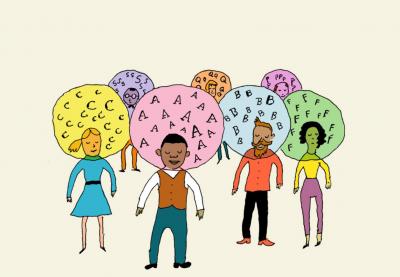writing instruction and digital literacy group of people with bubbles over their heads