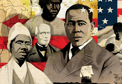 Abolitionists William Still, Sojourner Truth, William Loyd Garrison, unidentified male and female slaves, and Black Union soldiers in front of American flag