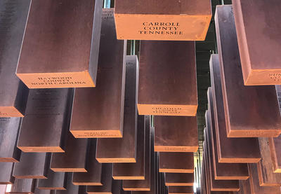 Suspended columns at the Memorial for Peace and Justice