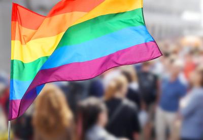 LGBTQ Pride flag in front of crowd