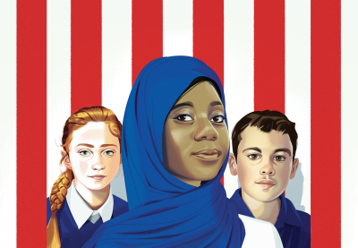 Three kids in front of the U.S. flag.