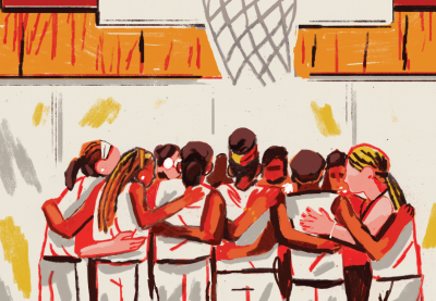 Illustration of a girls' basketball team huddle underneath the basket