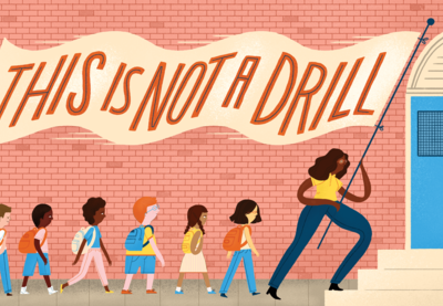 Illustration of a teacher wielding a "This Is Not A Drill" flag leading a line of students to a blue school door