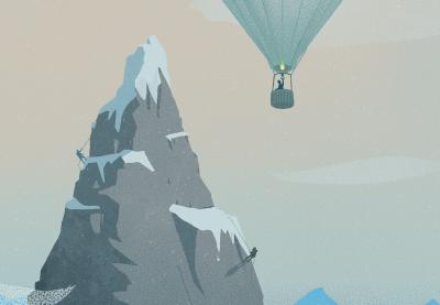 Mountain climbers overshadowed by person in hot air balloon.