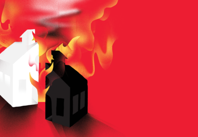 Illustration of a schoolhouse split in two pieces, one black and one white, and both pieces are on fire.