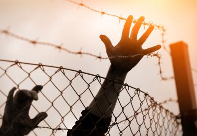 A young person's hand reaching over barbed-wire fencing.