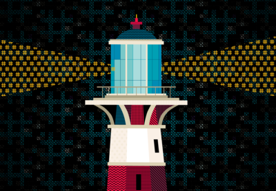 Illustration of a lighthouse shining a light made up of hashtag symbols.