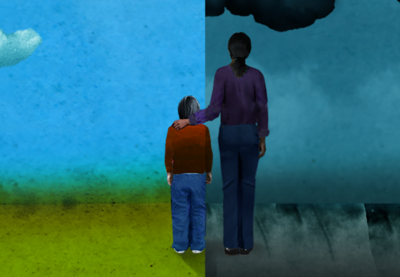 Taller figure with their hand on the shoulder of a smaller person standing next to them. The background is split between a brighter sky and a stormy dark sky.