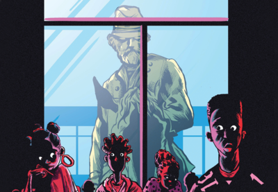 Illustration of an imposing confederate officer statue standing behind several students of color in a classroom.