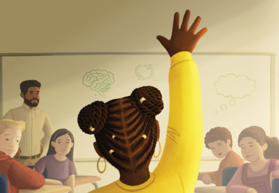 Illustration of a student of color raising their hand in class while other students look on.