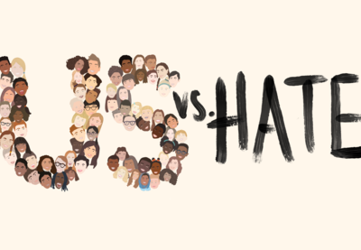 Illustration of "US vs. Hate" where the "US" is comprised of a diverse set of students' faces.